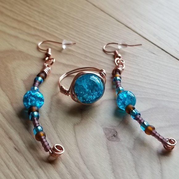 Copper Wire Earrings Rings Turquoise Set - Picture 4 of 10